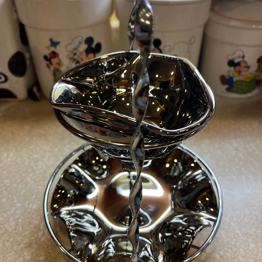 Vintage Sliver Toned Glass 2 Tier Dessert Candy Dish 10.5 Tall Non Tarnish